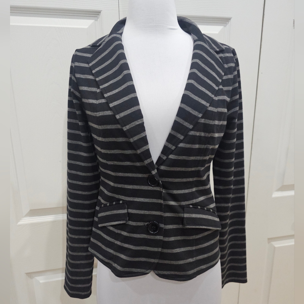 Rue 21 Black & Gray Striped button up Cotton long sleeve Blazer Jacket Top S
